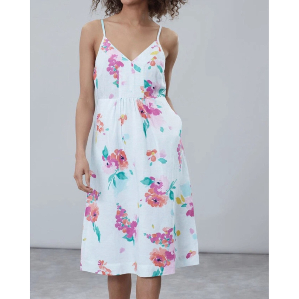 Joules ZOEY V NECK STRAPPY DRESS Aqua Stripe Rose Size US 6 casual floral dress